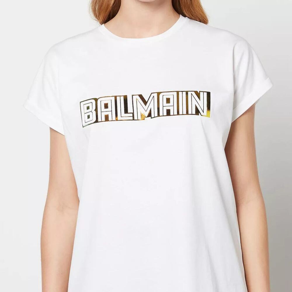 Balmain Paris Double Logo Short Sleeve Crewneck Graphic T-Shirt Top White Gold M